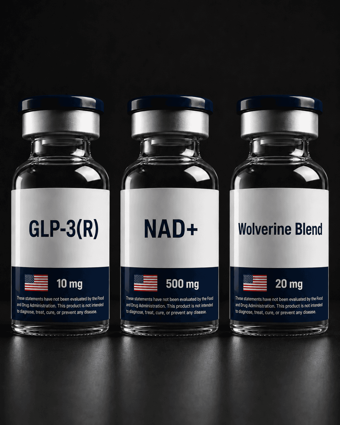 Performance Stack GLP-3(R) 10mg + NAD+ 500mg + Wolverine 20mg research compound vial — third-party HPLC tested